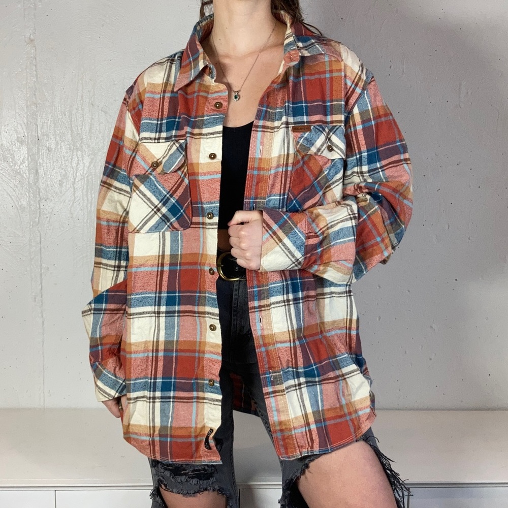 Orange + Blue + White Plaid Flannel Button Down Long Sleeve Shirt